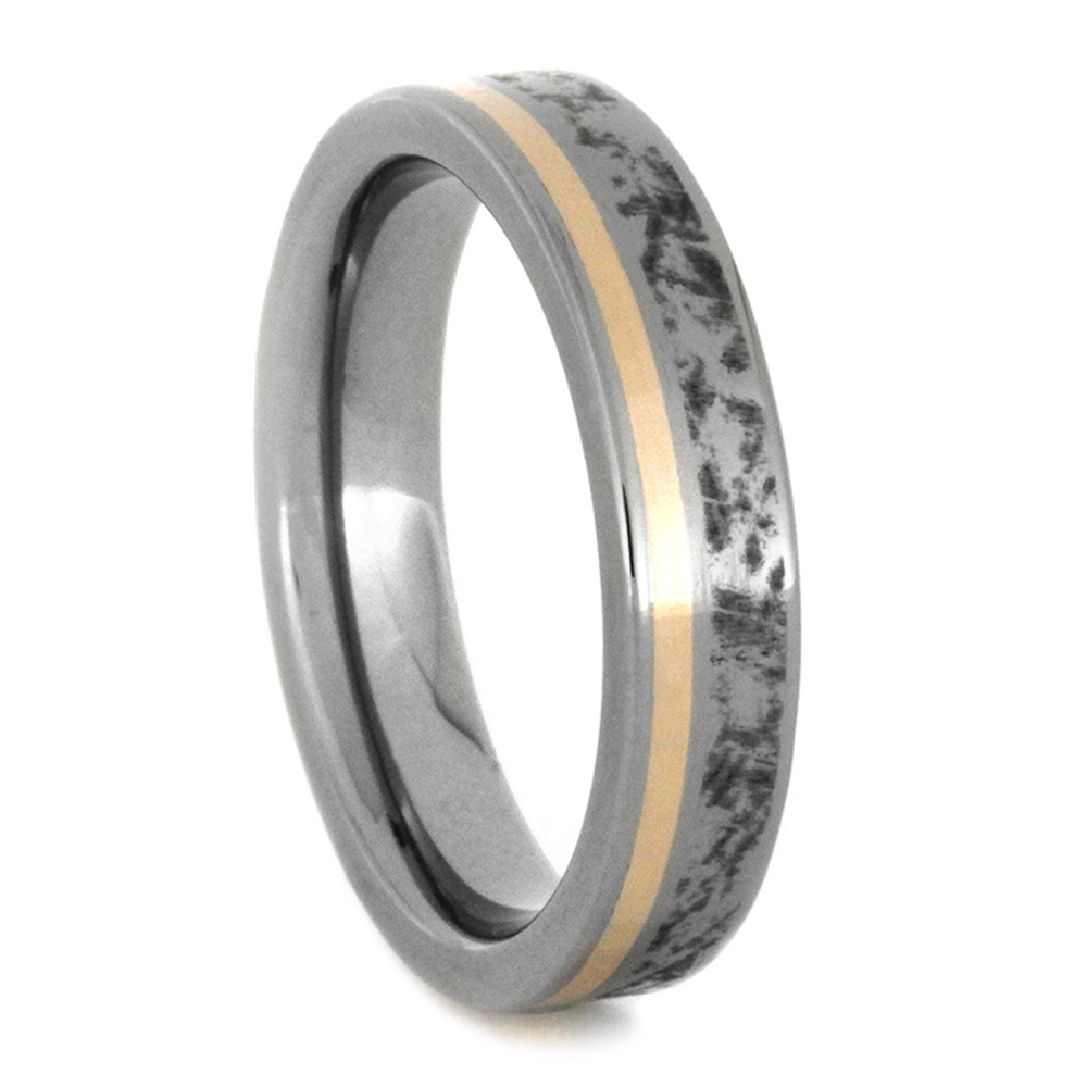 Mimetic Meteorite with 14k Rose Gold Inlay 4mm Comfort-Fit Polished Titanium Band.