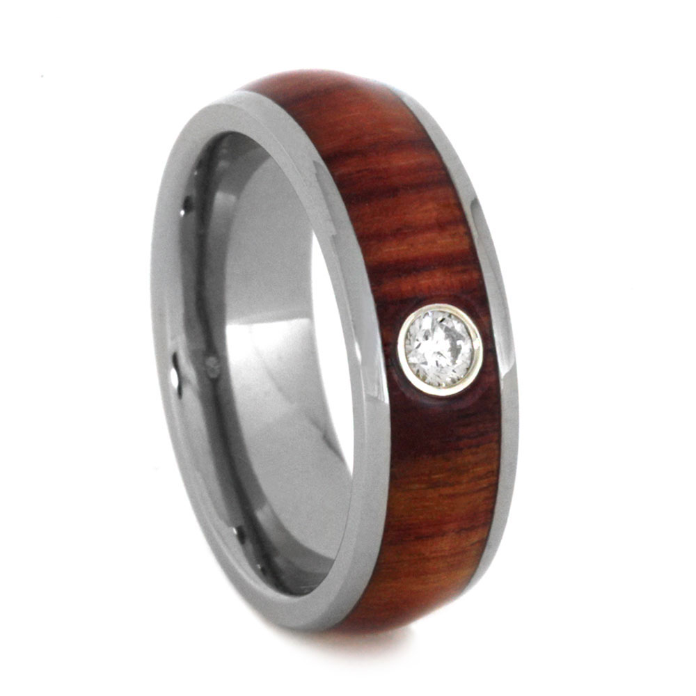 Diamond with 14k White Gold Bezel and Tulip Wood Inlay 6.5mm Comfort-Fit Titanium Band.