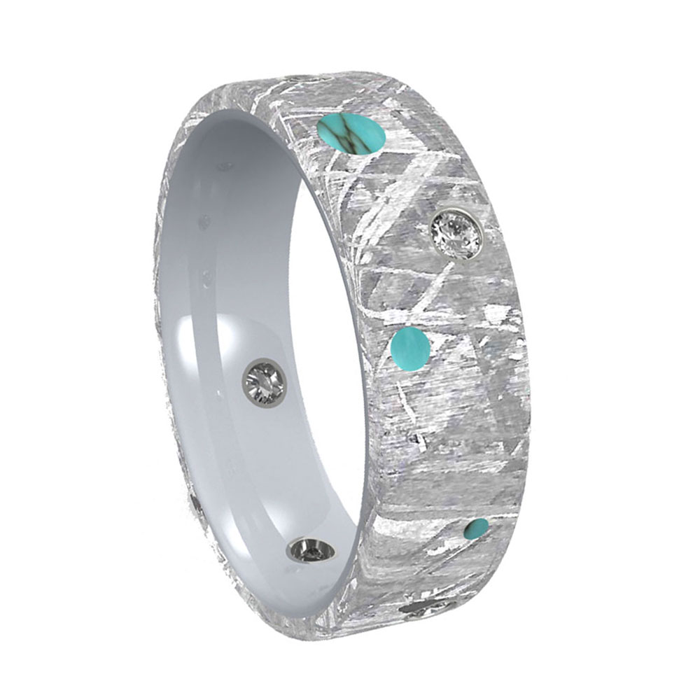 Five Moissanite with Turquoise and Gibeon Meteorite Overlay 6mm Comfort-Fit Matte Titanium Band.