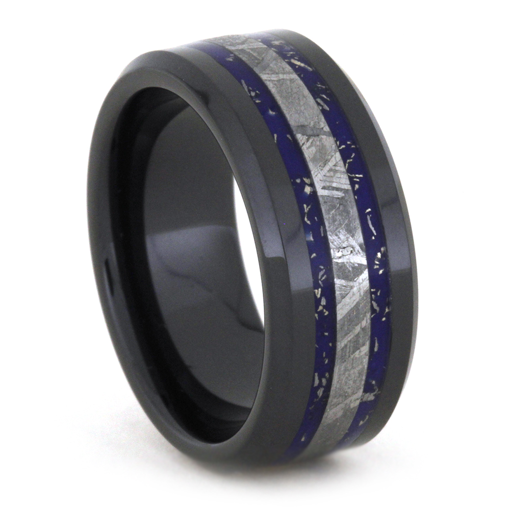 Black Ceramic with Blue Stardust, White Gold and Gibeon Meteorite Inlay 8mm Comfort-Fit Polished Titanium Band.