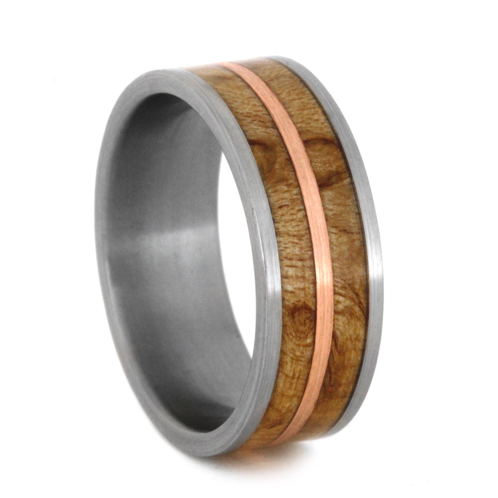 Birds Eye Maple with Copper Inlay 8mm Comfort-Fit Brushed Titanium Wedding Band.