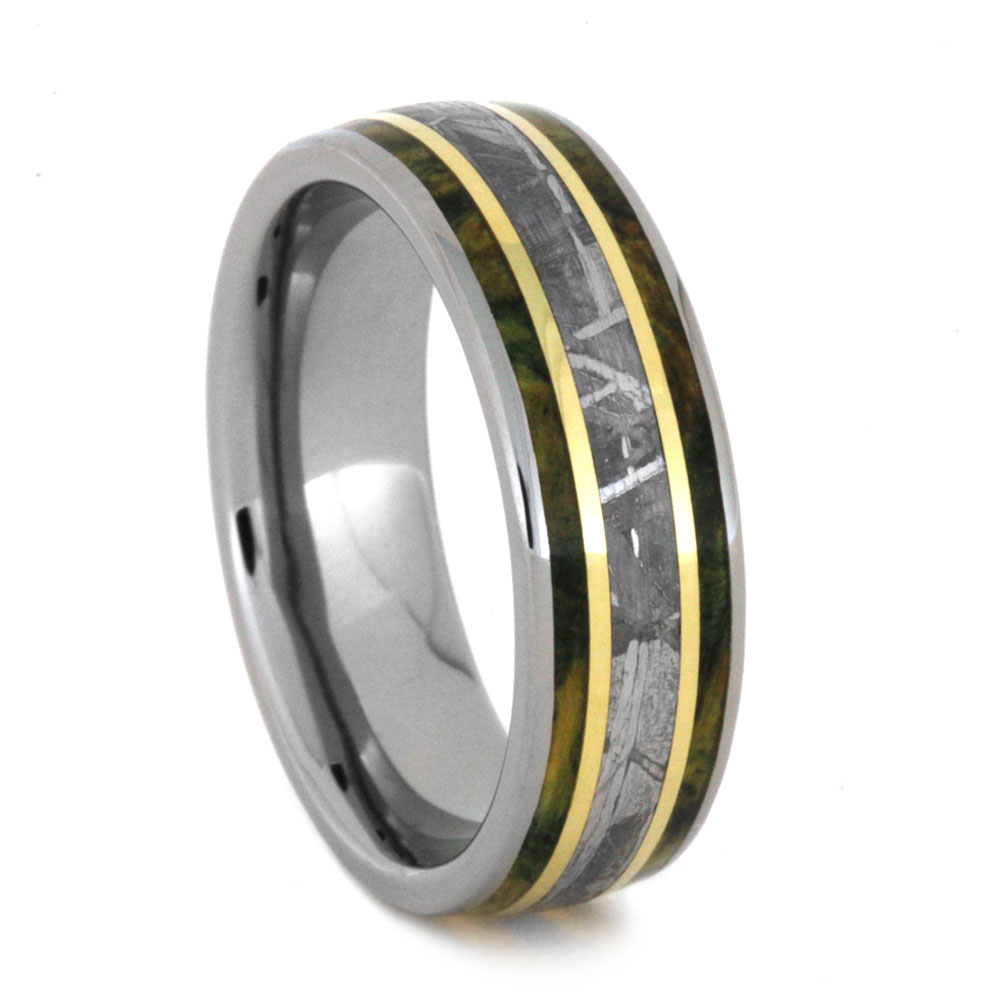 Meteorite Inlay with 14k Yellow Gold and Green Box Elder Burl wood 6.75mm Comfort-Fit Titanium Band.