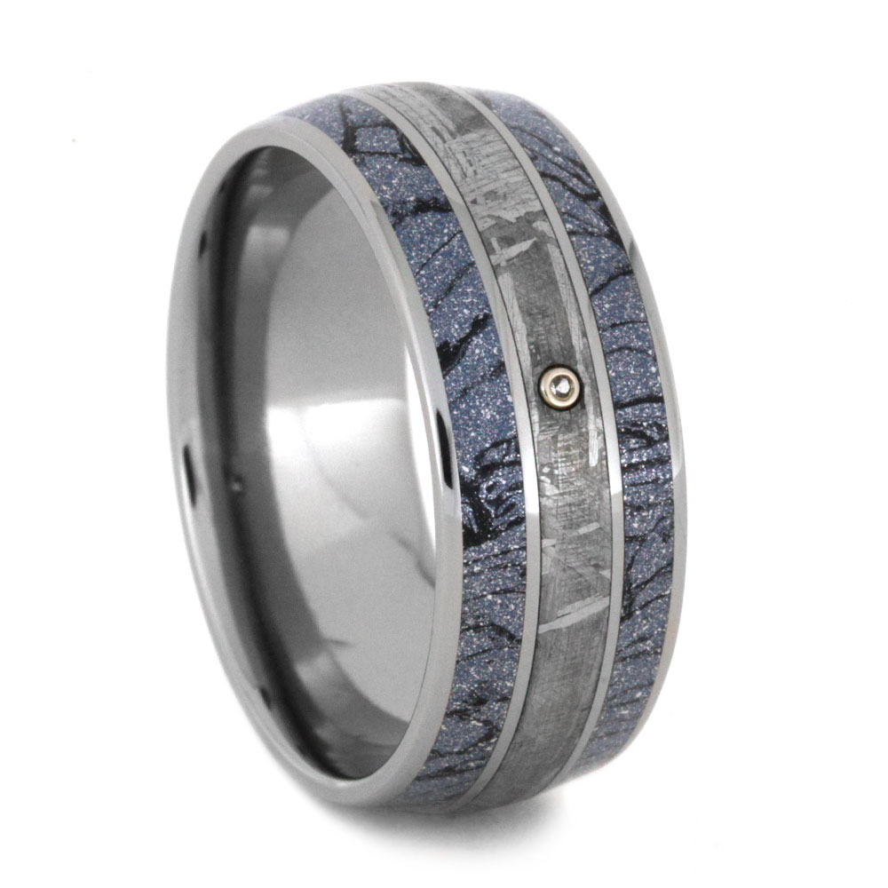 White Sapphire with Gibeon Meteorite and Cobaltium Mokume 8.5mm Comfort-Fit Titanium Band