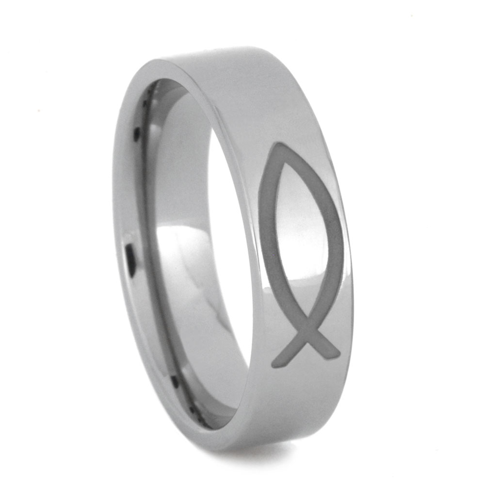 Engraved with Jesus Fish with Inlay 6mm Comfort-Fit Titanium Wedding Band.
