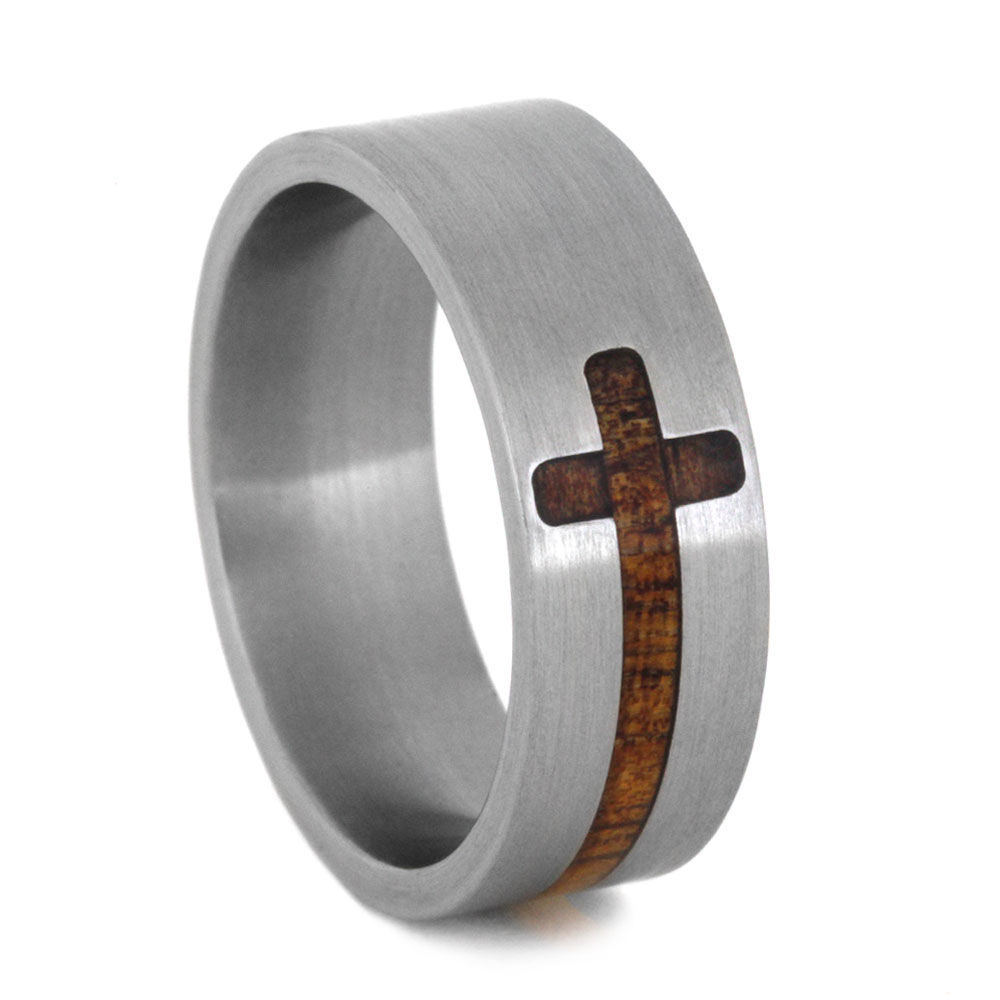 Koa Wood Cross Design Flat Ring 8mm Comfort-Fit Brushed Titanium Wedding Band.
