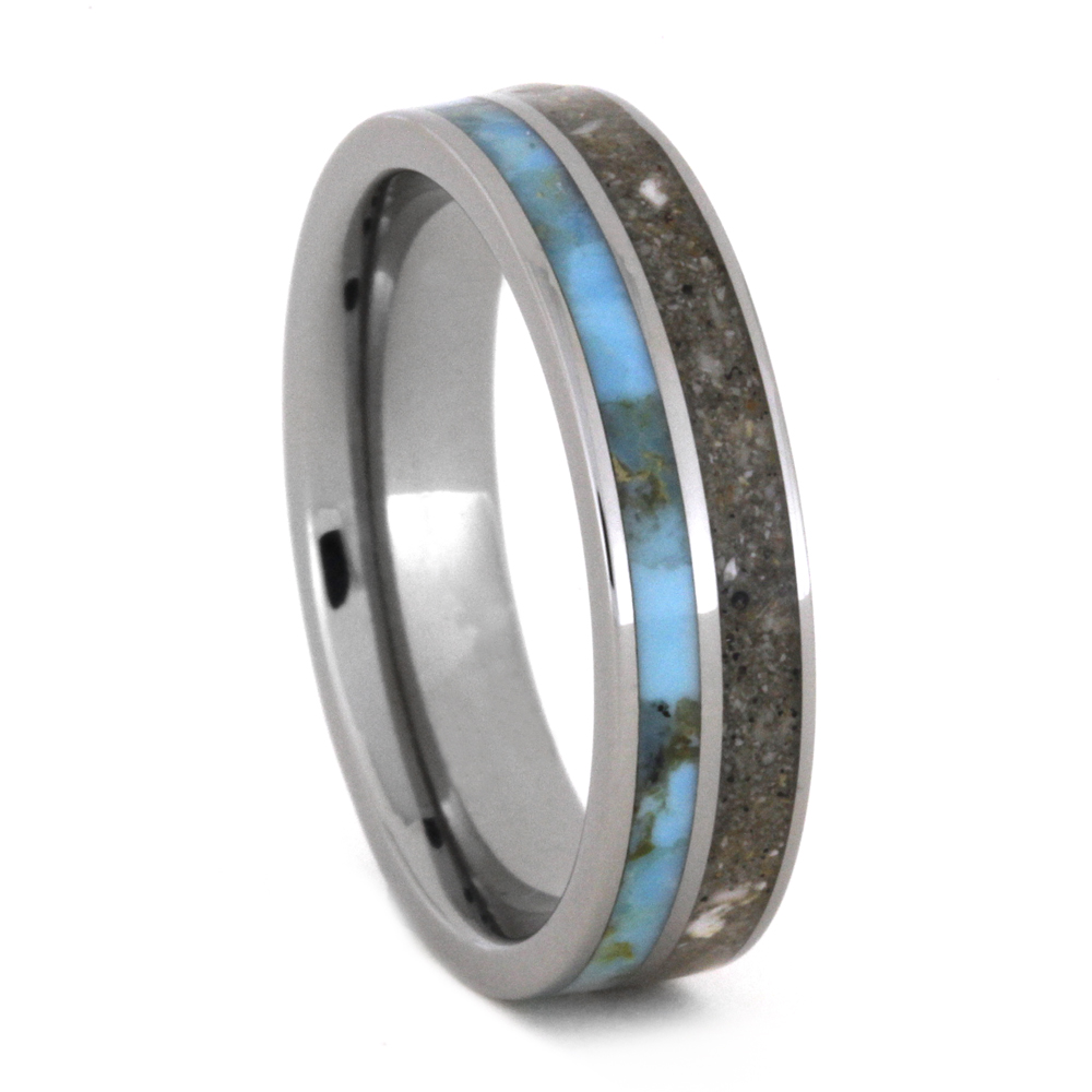 Pet Ashes and Turquoise with Titanium Inlay 5mm Comfort-Fit Polished Titanium Band. 