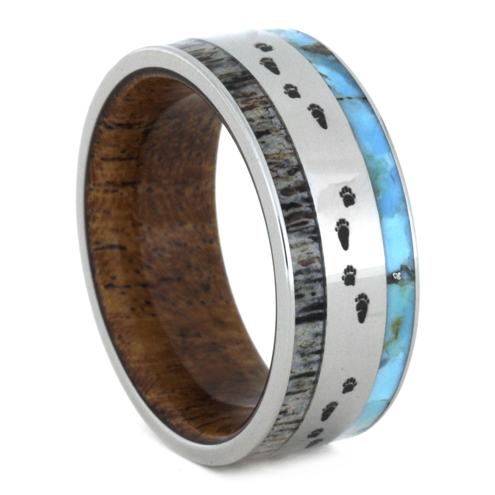 Bear Tracks Engraving Inlay with Mesquite and Turquoise Wood 9mm Comfort-Fit Titanium Band. 