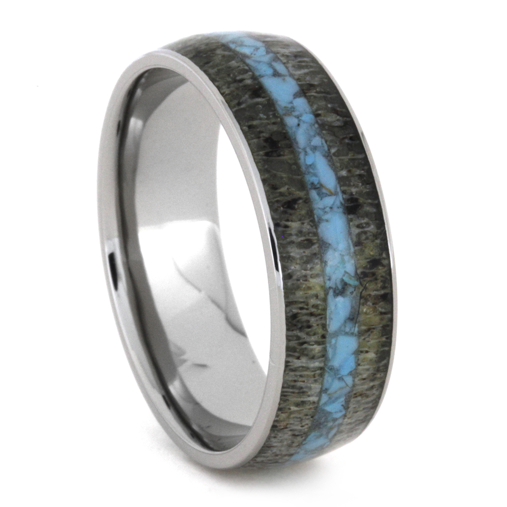 Deer Antler with Crushed Turquoise Inlay 8mm Comfort-Fit Polished Titanium Band. 