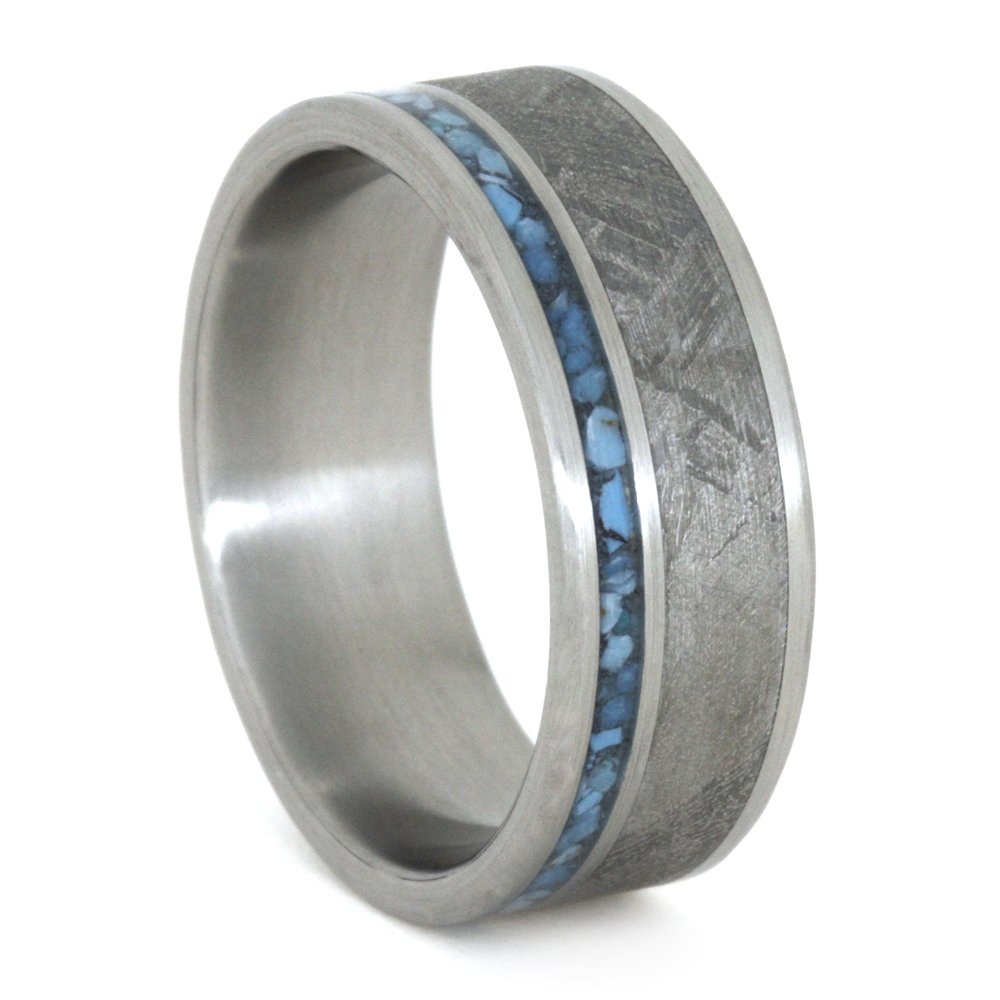 Gibeon Meteorite and Turquoise Inlay 8mm Comfort-Fit Brushed Titanium Wedding Ring. 