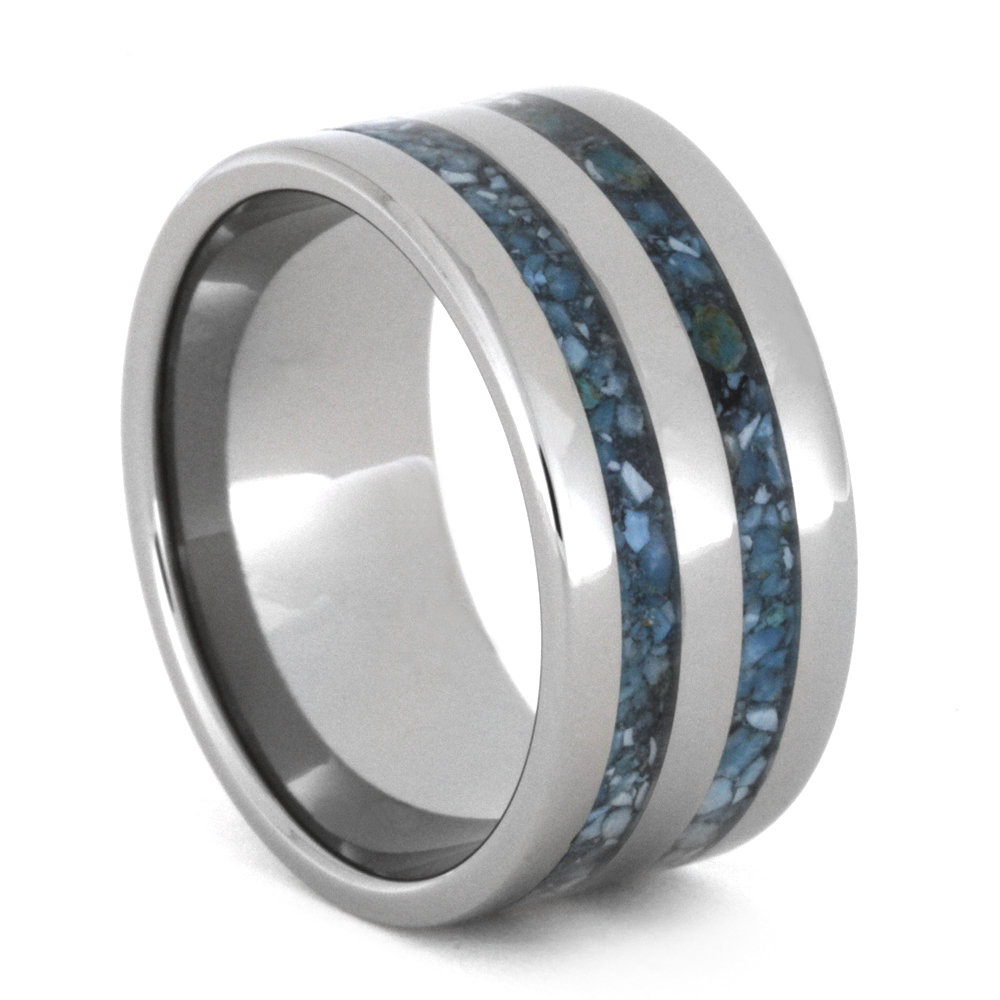 Turquoise Crushed Stripes 10mm Comfort-Fit Polished Titanium Wedding Band. 