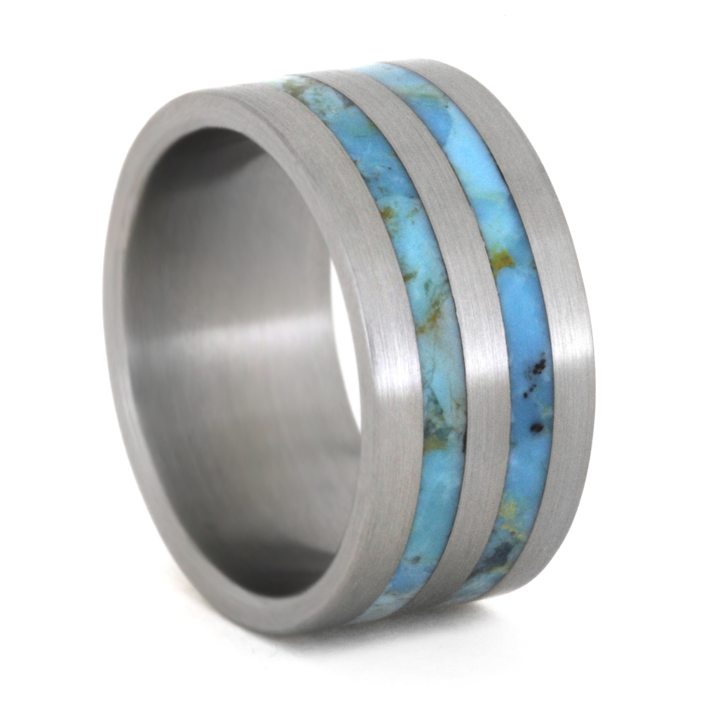 Turquoise Pinstripes Flat Ring 10mm Comfort-Fit Titanium Wedding Band. 