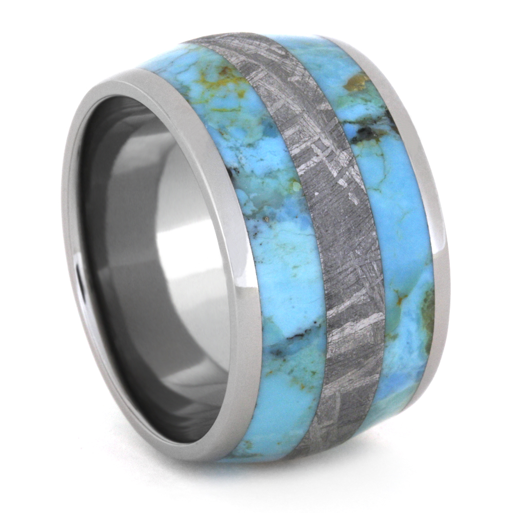 Turquoise with Meteorite Inlay 15mm Comfort-Fit Titanium Wide Rustic Wedding Band. 