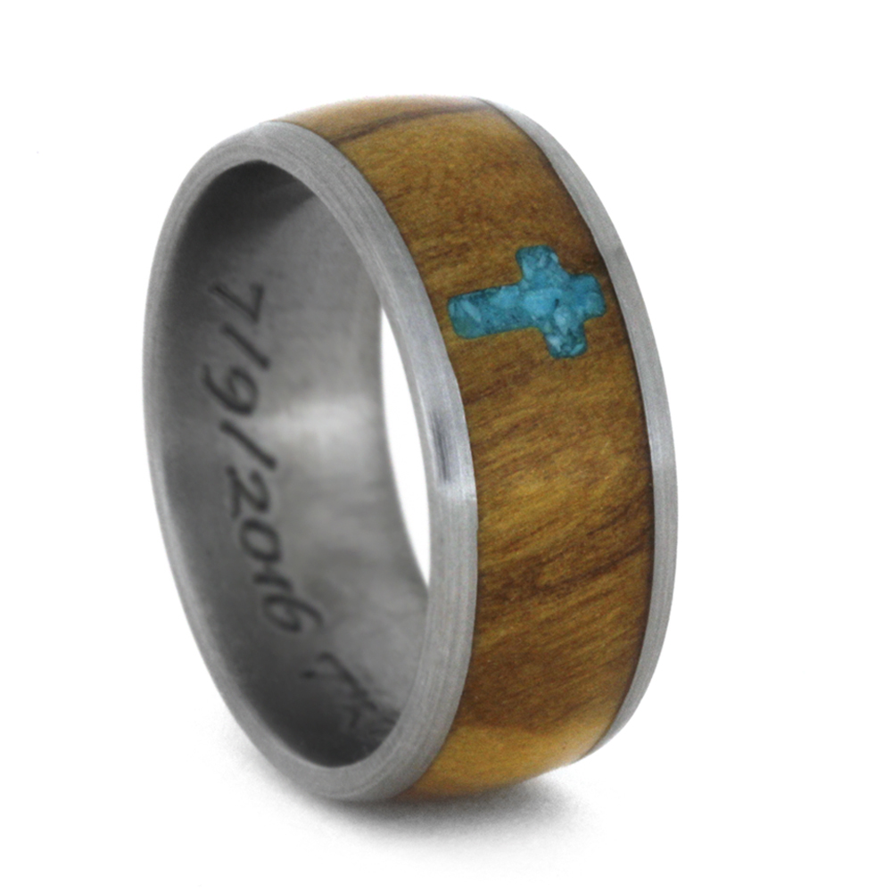 Olive Wood Inlay with Turquoise Cross 8mm Comfort-Fit Matte Titanium Wedding Band. 