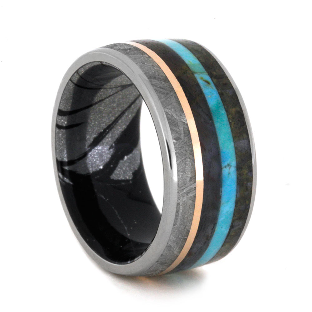 Petrified Wood with Dinosaur Bone, Gibeon Meteorite and Turquoise Inlay, Black & White Mokume Gane Sleeve 10mm Comfort-Fit Polished Titanium Wedding Band. 