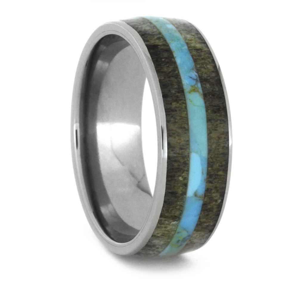 Deer Antler Inlay with Turquoise 8mm Comfort-Fit Polished Titanium Deer Antler Inlay with Turquoise 8mm Comfort-Fit Polished Titanium Wedding Bands Wedding Band. 