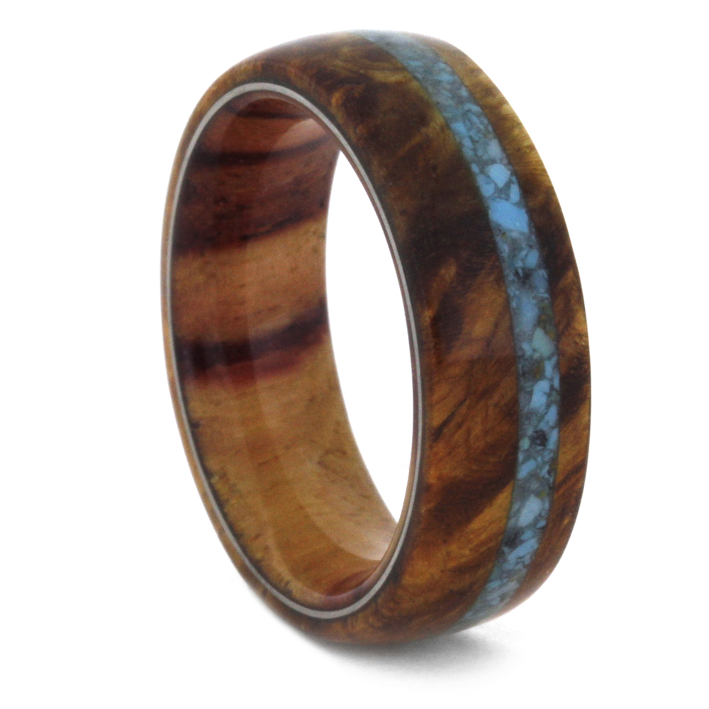 Crushed Turquoise Inlay with Amboyna Burl Overlay has Tulip Wood 7mm Comfort-Fit Matte Titanium Band. 