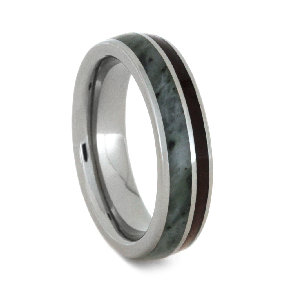 Natural Redwood with Green Jade Overlay 5mm Polished Comfort-Fit Titanium Wedding Band