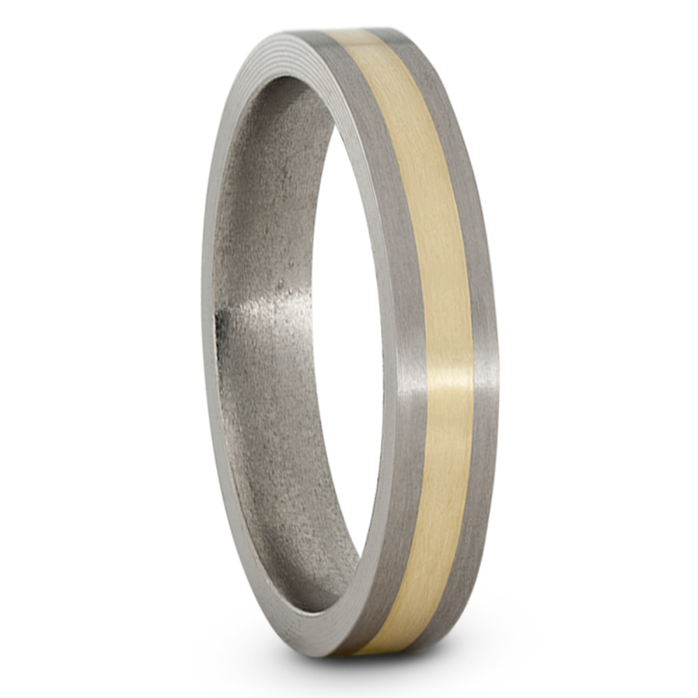 14k Yellow Gold Inlay 4mm Comfort-Fit Satin Titanium Wedding Band.