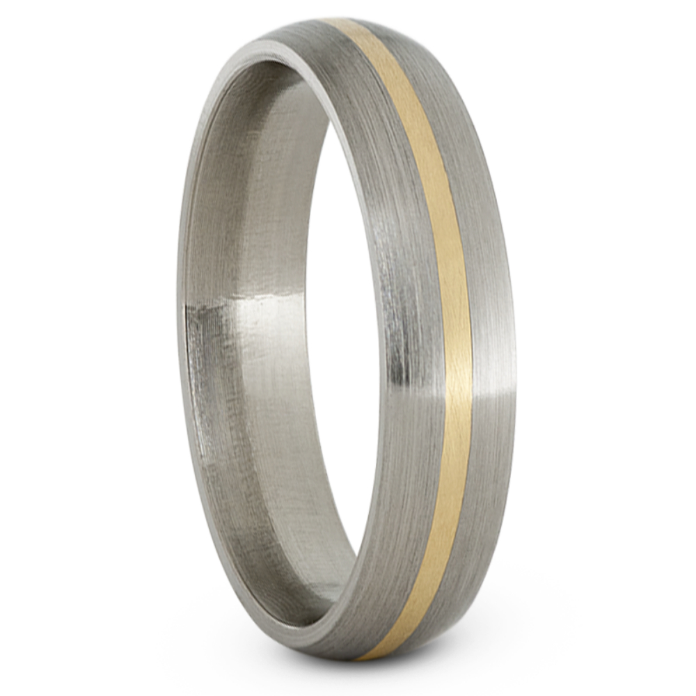 Domed Profile with 14k Yellow Gold Pinstripe Inlay 5mm Comfort-Fit Satin Titanium Wedding Band.