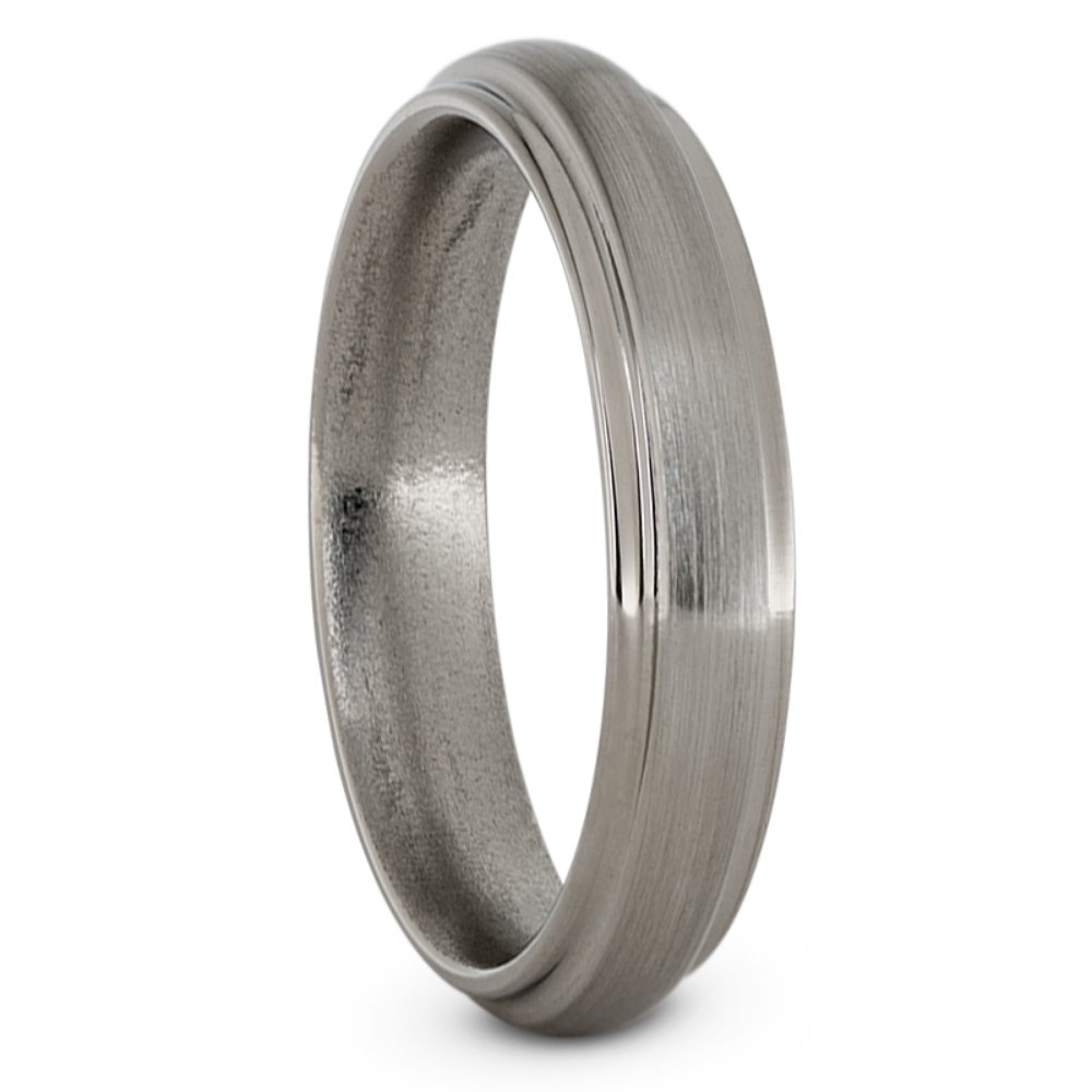 Domed with Grooved Edges 5mm Comfort-Fit Polished Titanium Wedding Band.