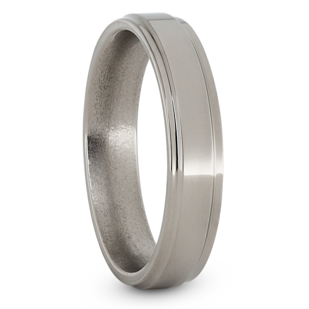 Domed with Grooved Edges 5mm Comfort-Fit Polished Titanium Wedding Band.