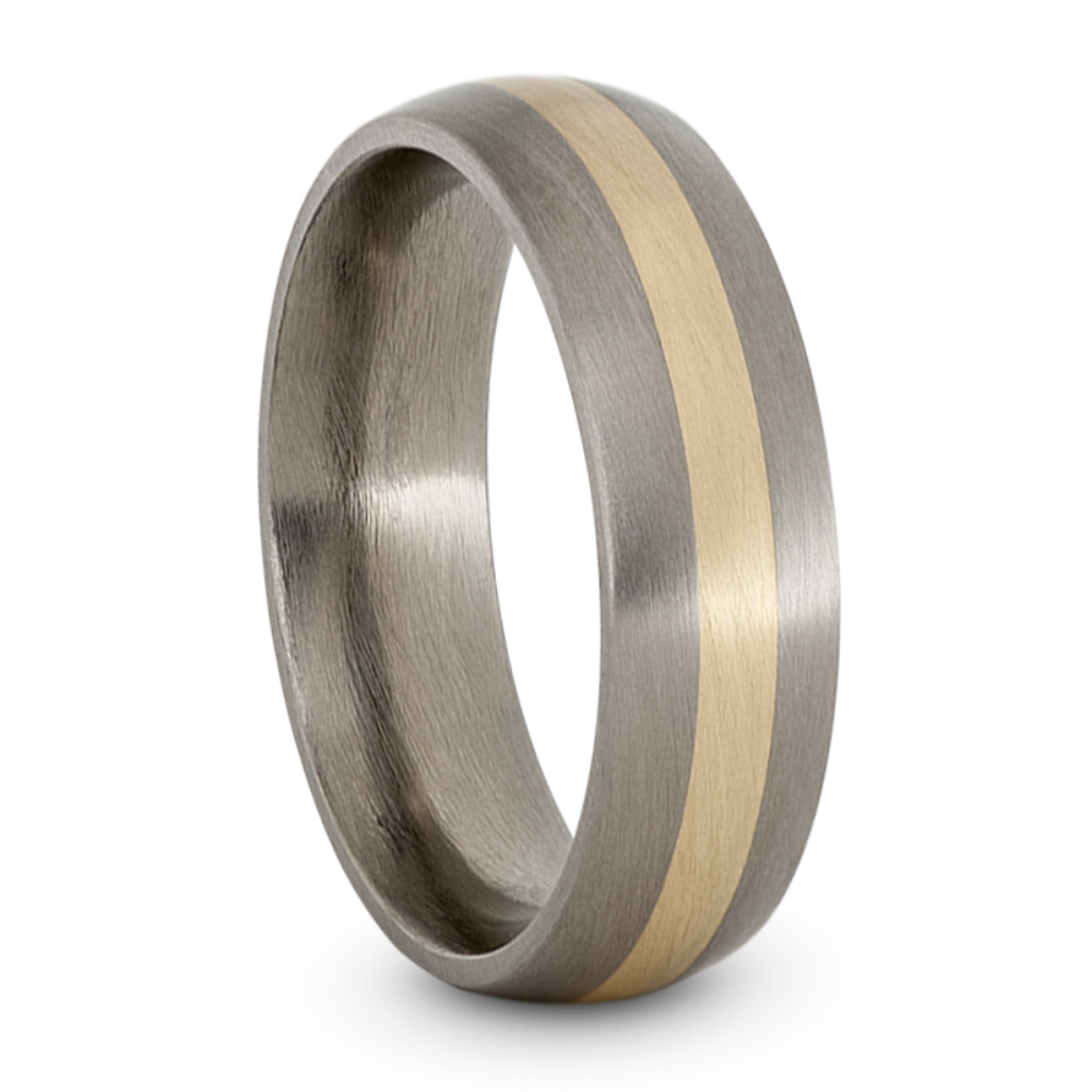 Domed Profile with 14k Yellow Gold Stripe 6mm Comfort-Fit Satin Titanium Wedding Band.