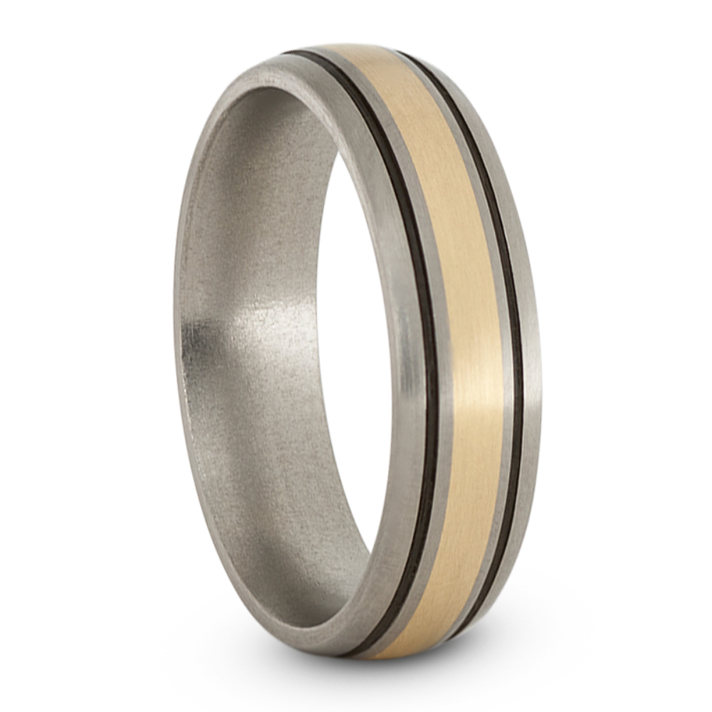  Domed Profile with 14k Yellow Gold Inlay and Two Black Enamel Pinstripes 6mm Comfort-Fit Satin Titanium Wedding Band.