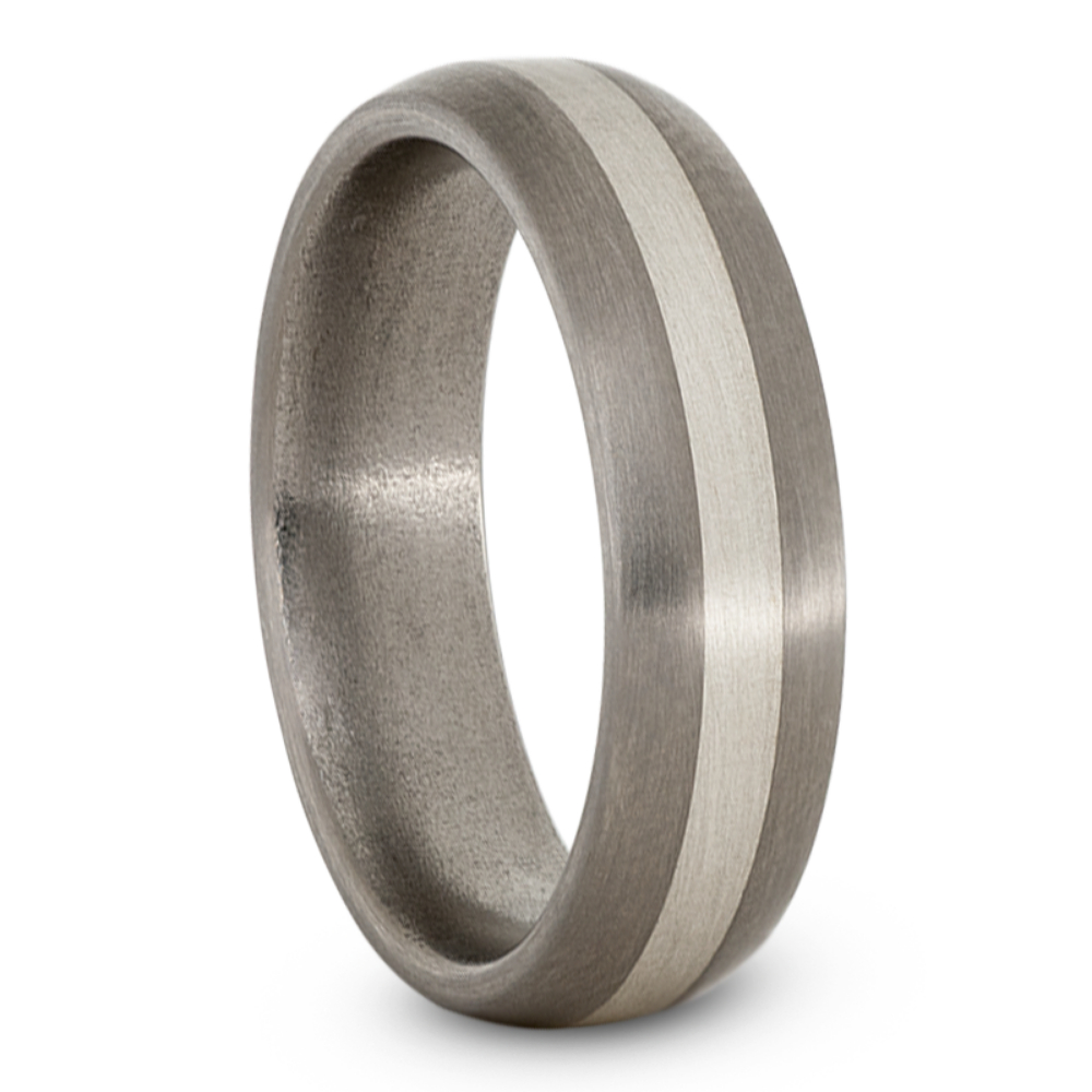 Domed Profile with Sterling Silver Pinstripe Inlay 6mm Comfort-Fit Satin Titanium Wedding Band.