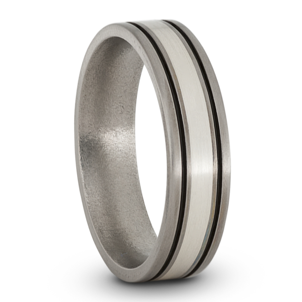 Sterling Silver Inlay with Two Black Enamel Pinstripes 6mm Comfort-Fit Satin Titanium Wedding Band.