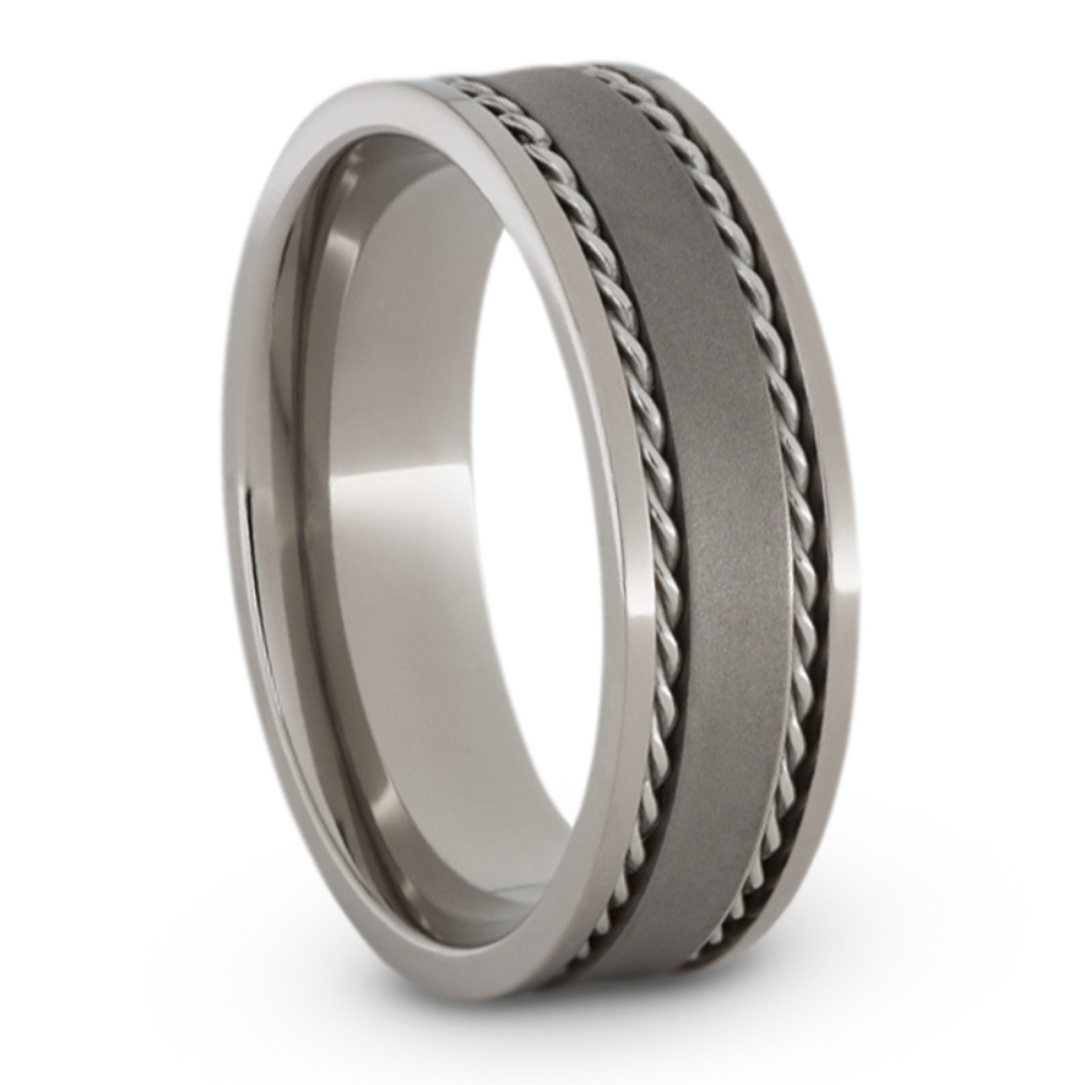 Two Steel Rope Inlays 6mm Comfort-Fit Polished Titanium Wedding Band.