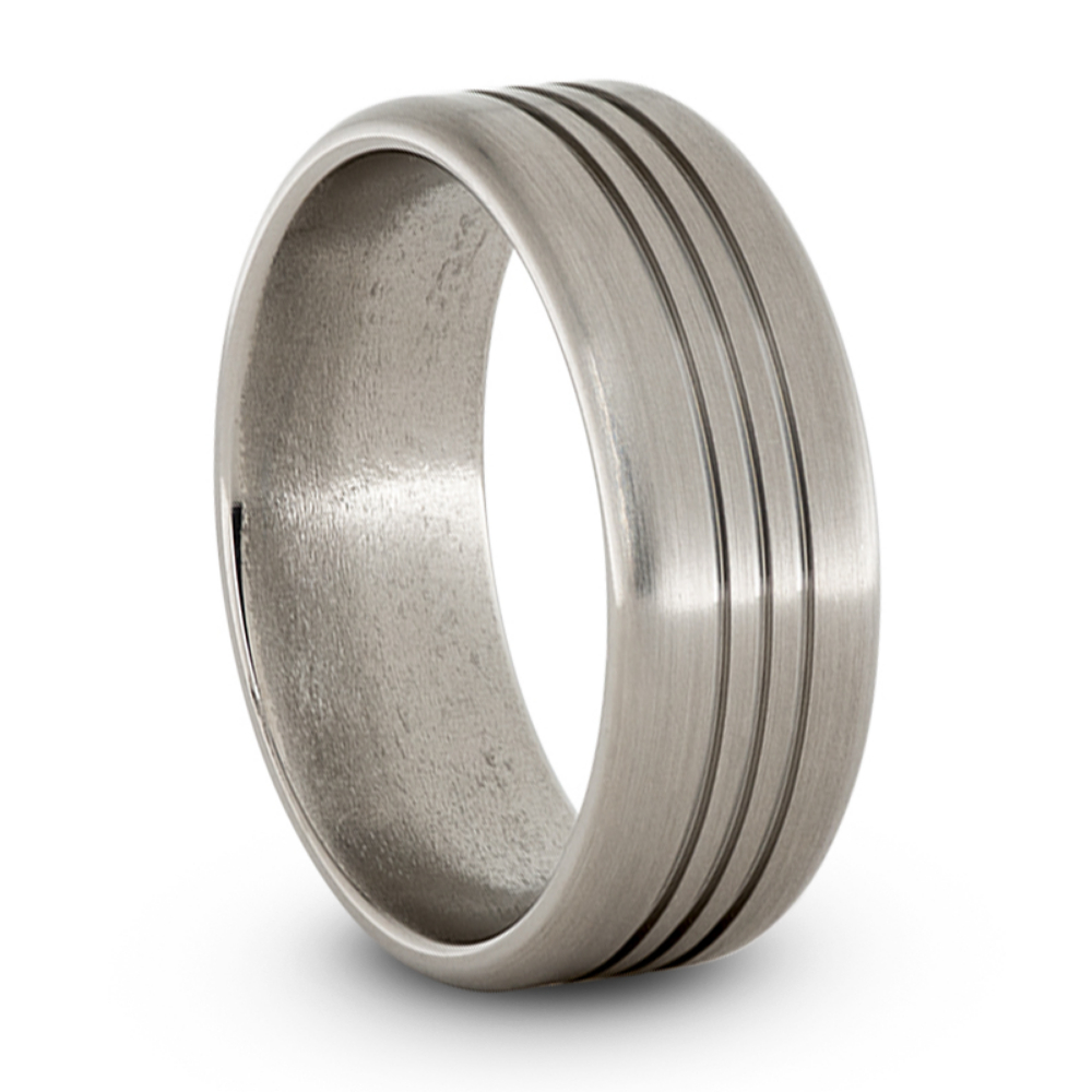 Three Grooves with Pipe Cut Ring 8mm Comfort-Fit Satin Titanium Wedding Band.