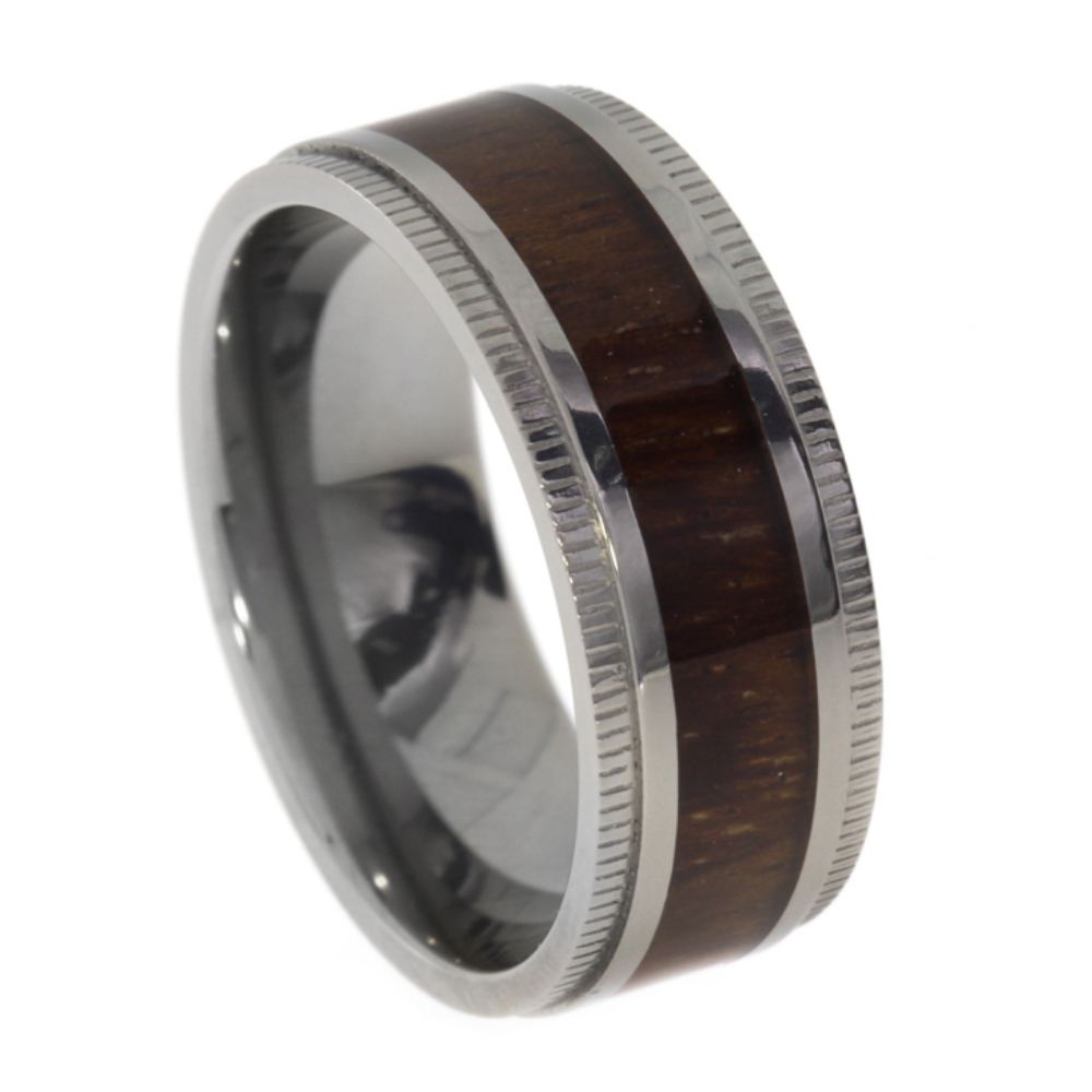 Hawaiian Koa Wood with Flat Milgrain Edge 8mm Comfort-Fit Polished Titanium Band