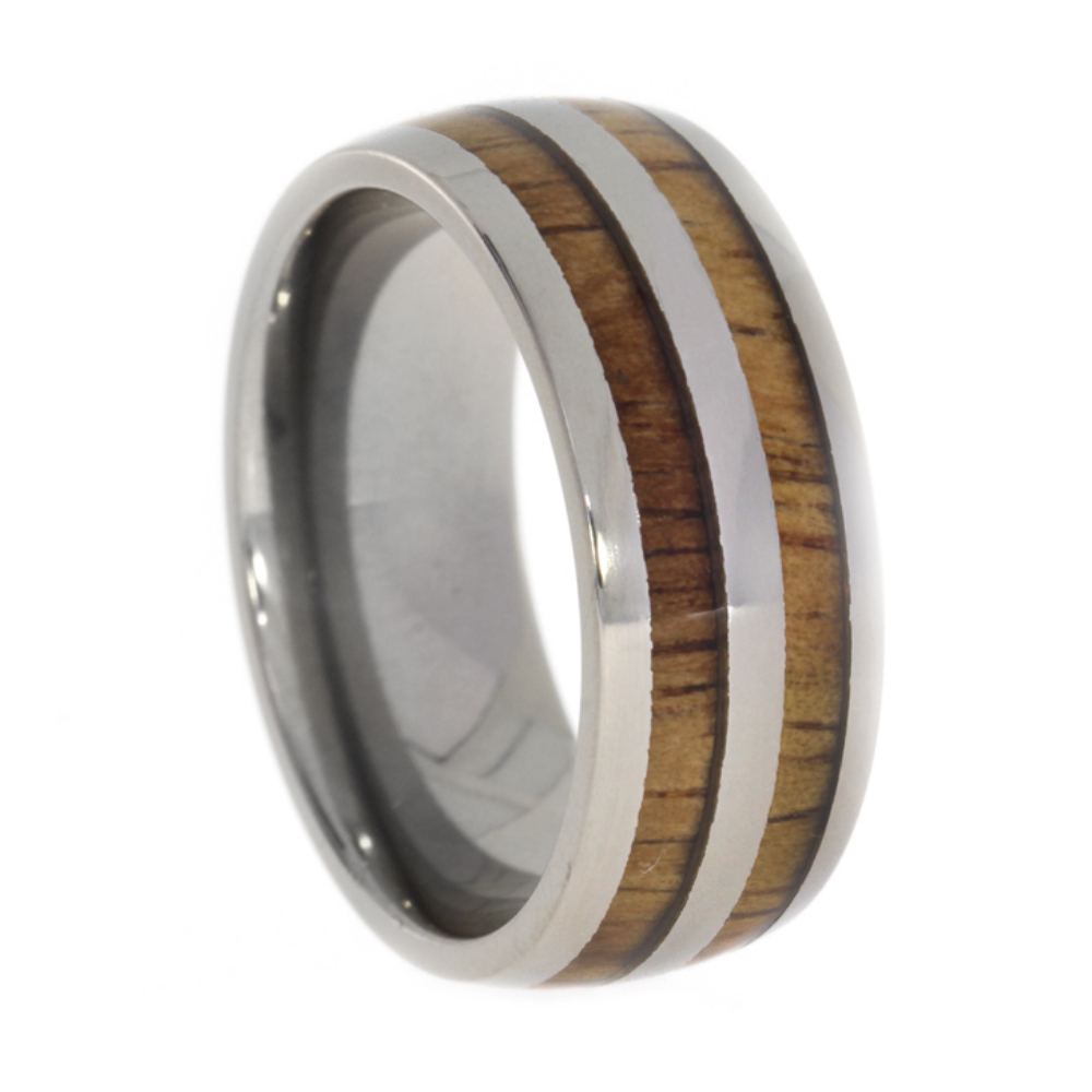  Koa Wood Pinstripes 7.5mm Comfort Fit Polished Titanium Band