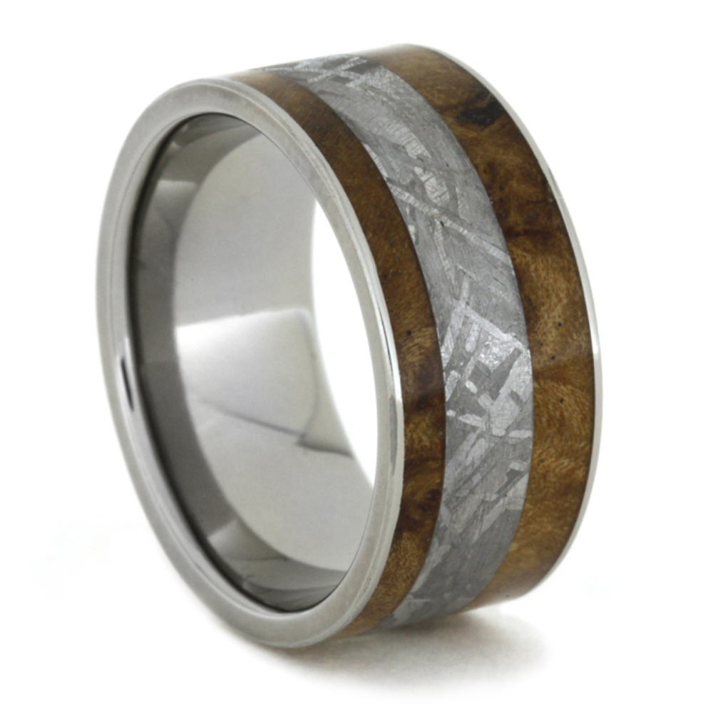 Black Ash Burl Wood with Gibeon Meteorite Inlay 10mm Comfort-Fit Polished Titanium Band