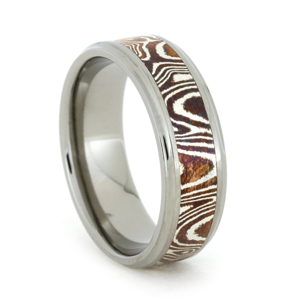 Copper and Silver Mokume Gane with Scoop Edge 7mm Comfort-Fit Polished Titanium Band 
