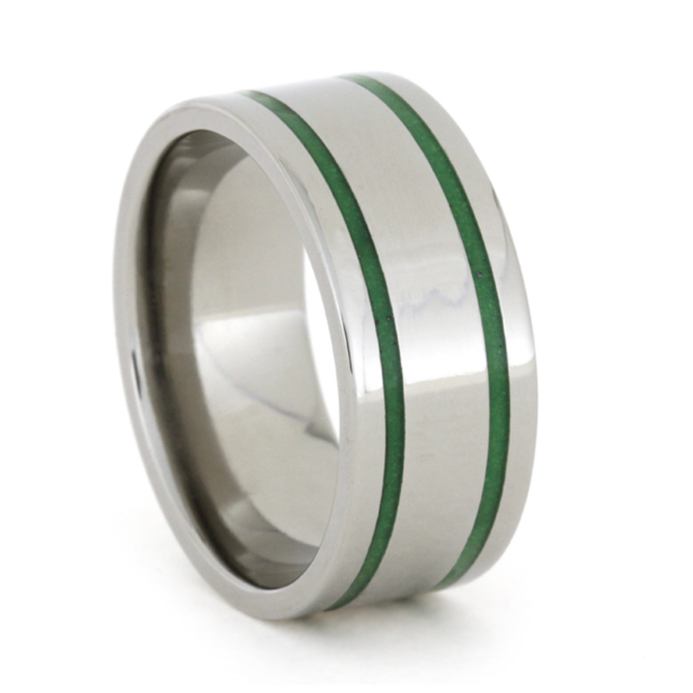 Green Glow-in-the-dark Enamel Pinstripe 9mm Comfort-Fit Polished Titanium Band