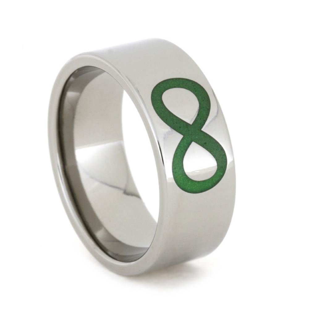 Green Glow-in-the-dark Infinity Symbol 9mm Comfort-Fit Polished Titanium Band