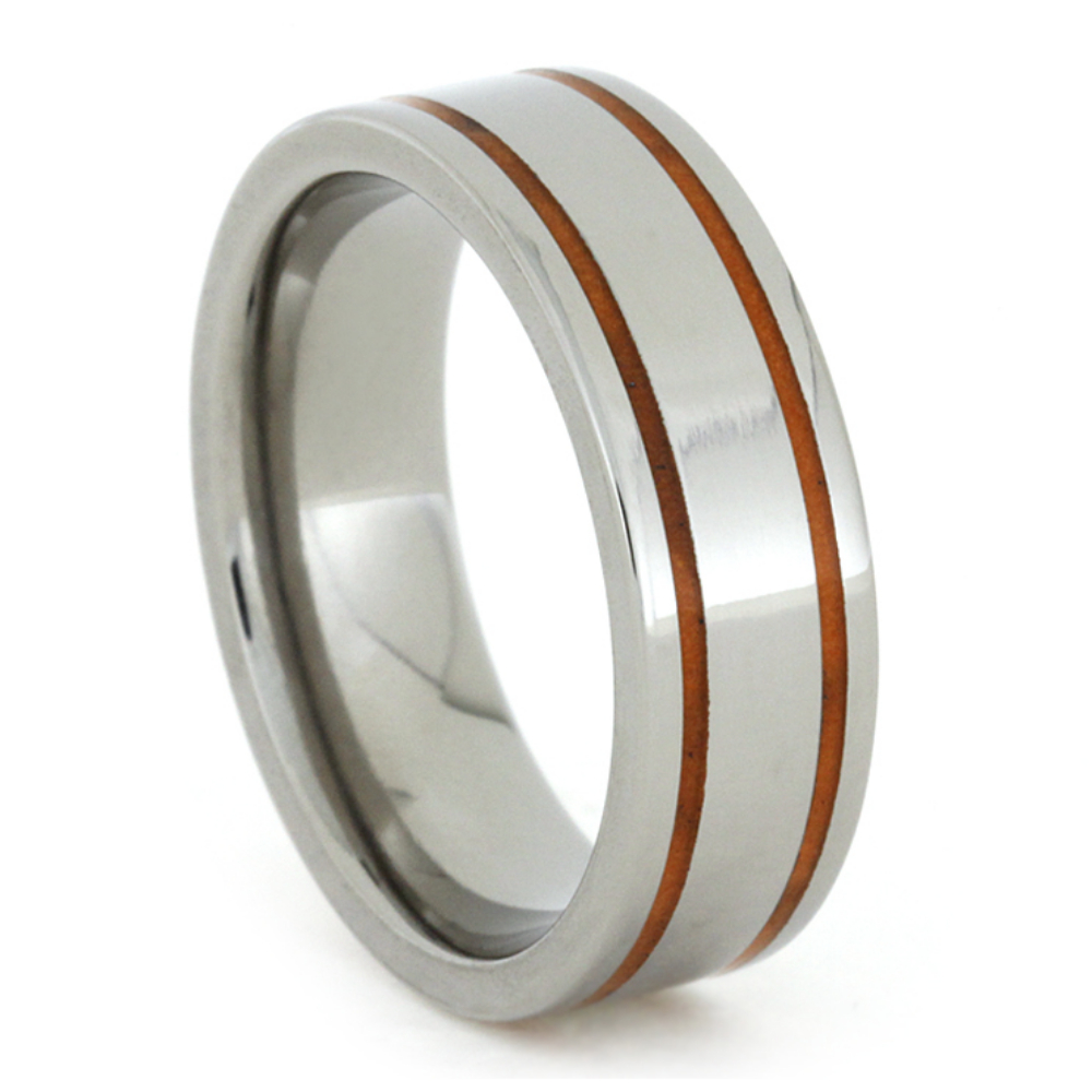 Two Orange Glow-in-the-dark Enamel Pinstripe 6mm Comfort-Fit Polished Titanium Band 