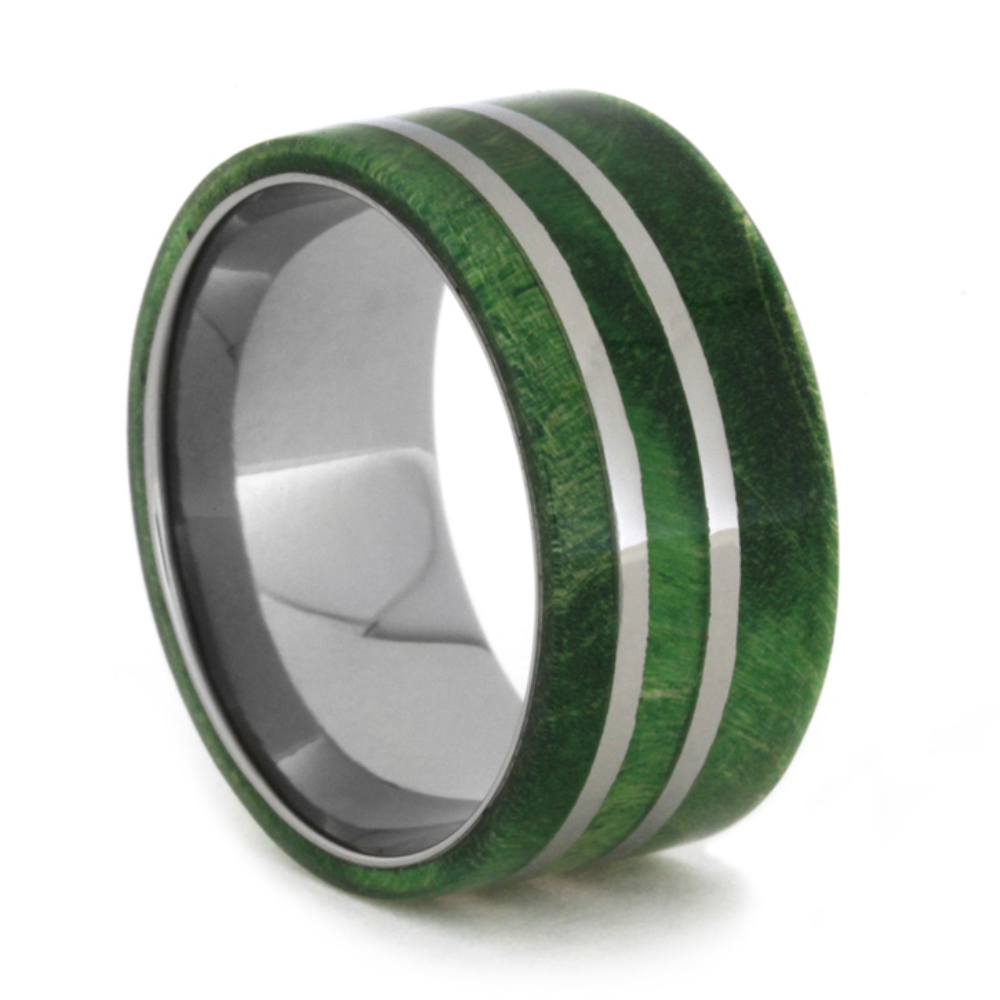 Green Box Elder Burl with Titanium Inlay 10mm Comfort-Fit Polished Titanium Band 8