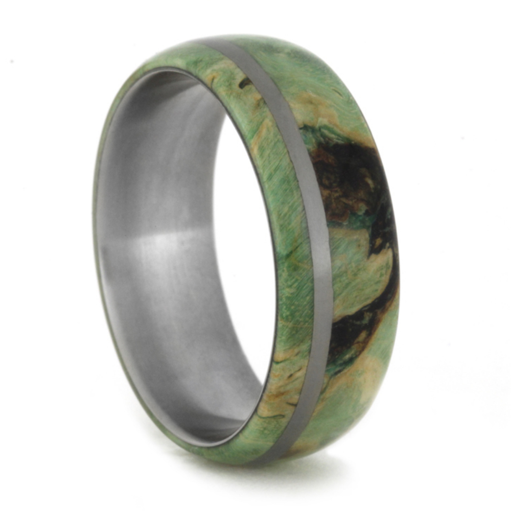 Peridot Burl Wood with Titanium Pinstripe Inlay 8mm Comfort-Fit Polished Titanium Band