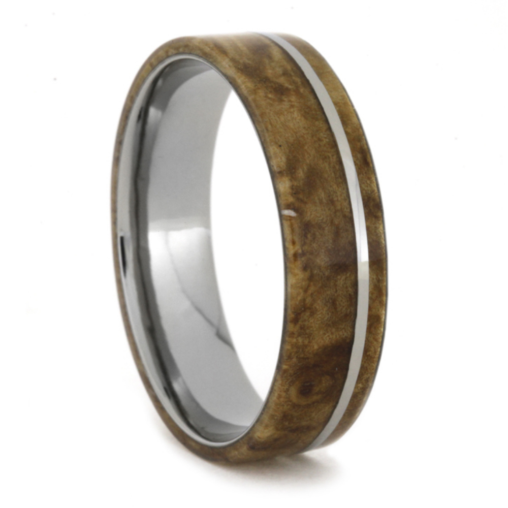 Black Ash Burl Wooden 7mm Comfort-Fit Polished Titanium Band