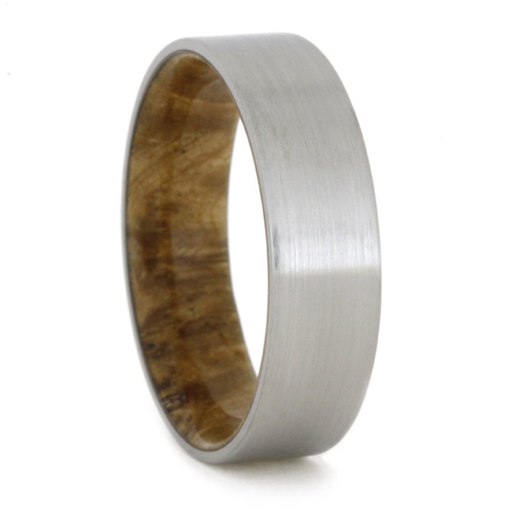 Flat Titanium Ring Overlay Black Ash Burl Sleeves 7mm Comfort-Fit Brushed Titanium Band