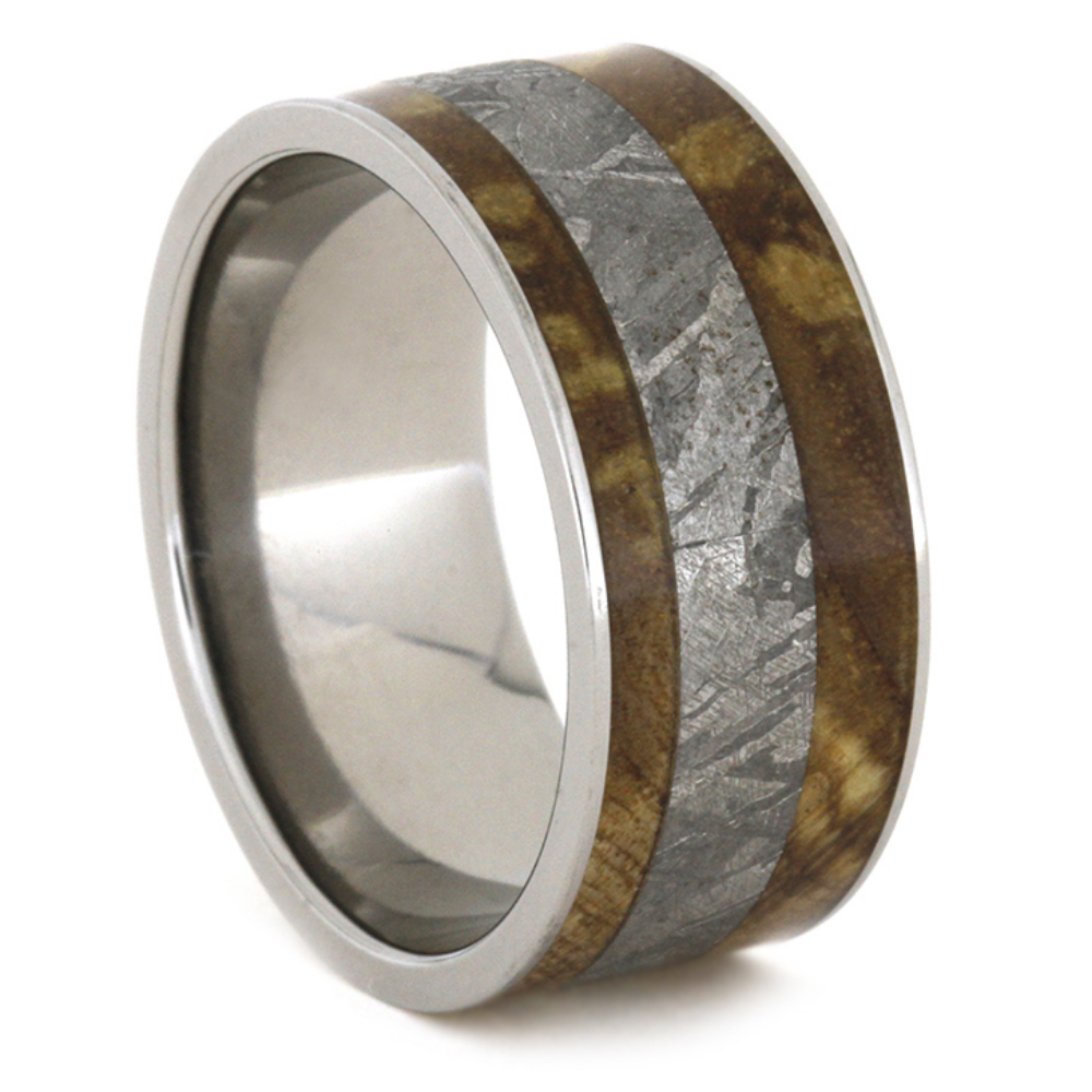 Black Ash Burl Wood and Gibeon Meteorite Inlay 10mm Comfort-Fit Polished Titanium Band