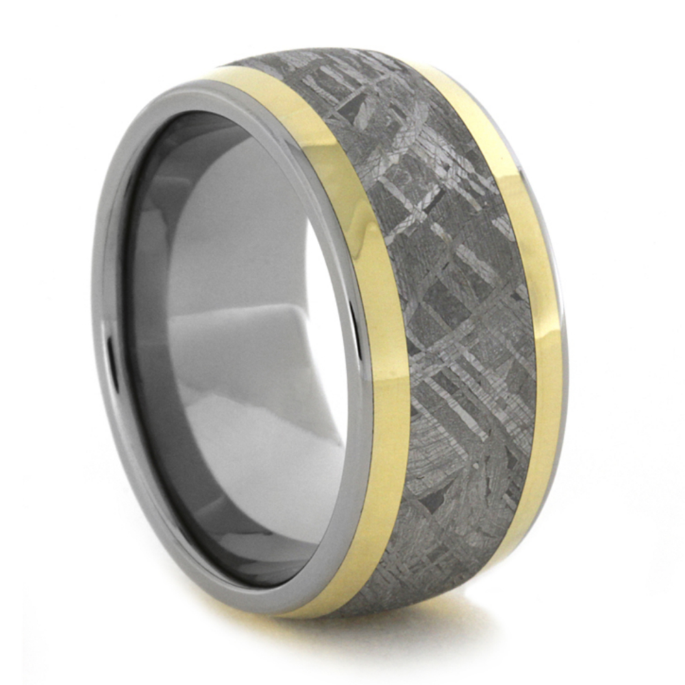 Gibeon Meteorite Inlay with 14k Yellow Gold 10mm Comfort-Fit Polished Titanium Band