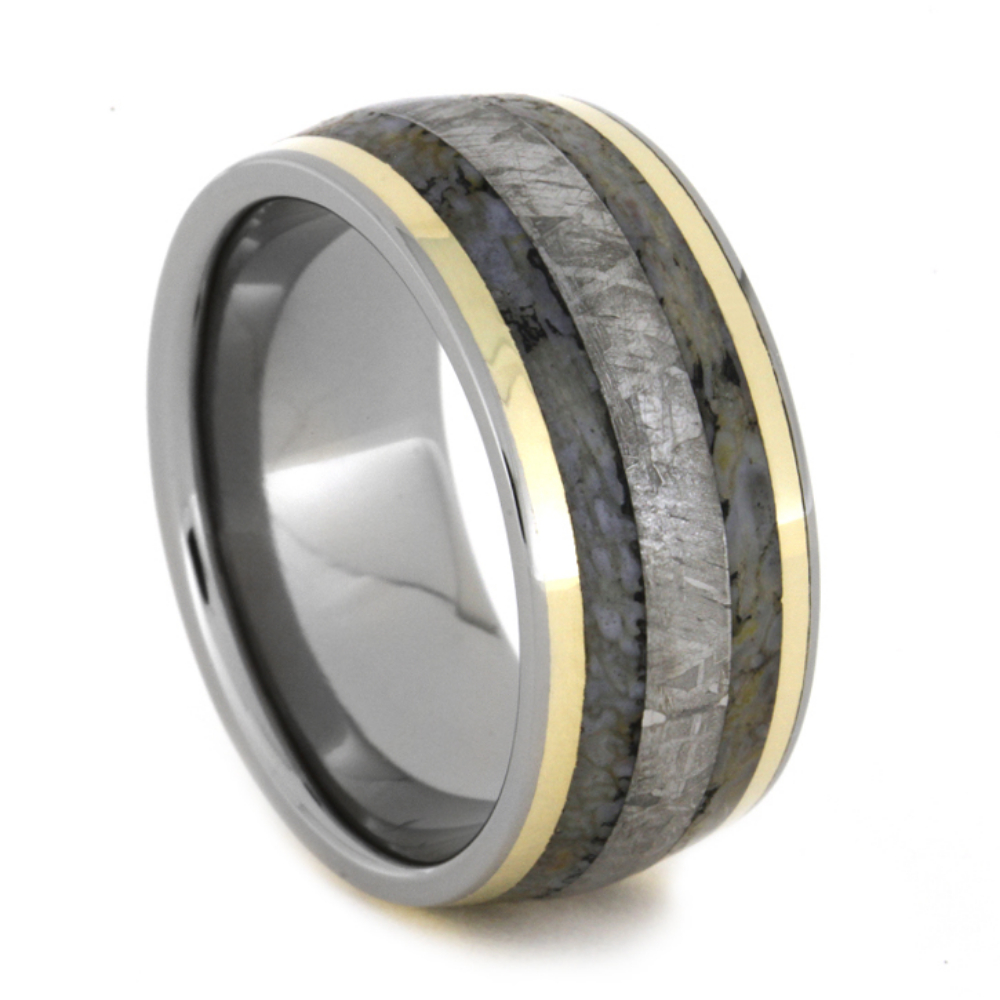 Gibeon Meteorite and Dinosaur Bone with 14k Gold Inlay 10mm Comfort-Fit Titanium Band.