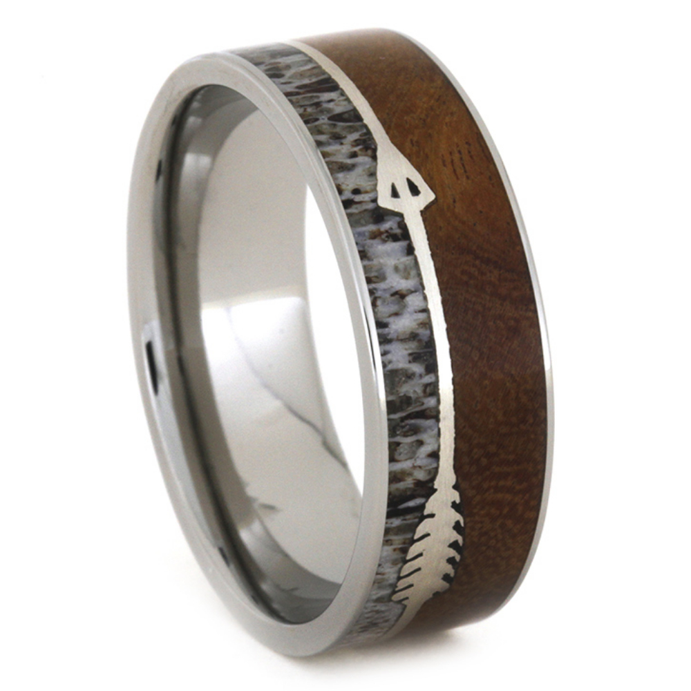 Ironwood Burl and Deer Antler with a sterling silver arrow inlaid onto an 8 millimeter comfort-fit titanium band.