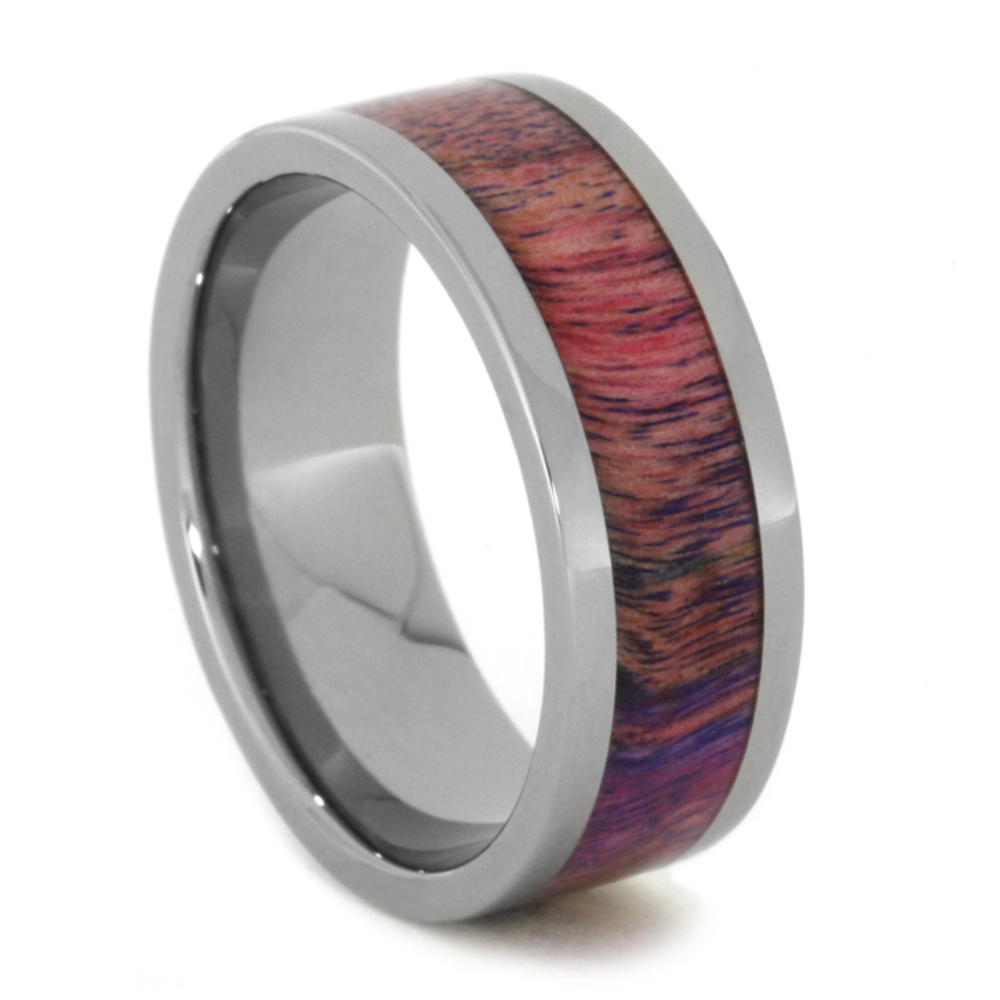 Pink and Purple Poplar Wood Inlay 8mm Comfort-Fit Polished Titanium Band