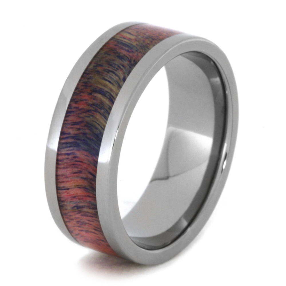 Pink and Purple Poplar Wood Inlay 8mm Comfort-Fit Polished Titanium Band