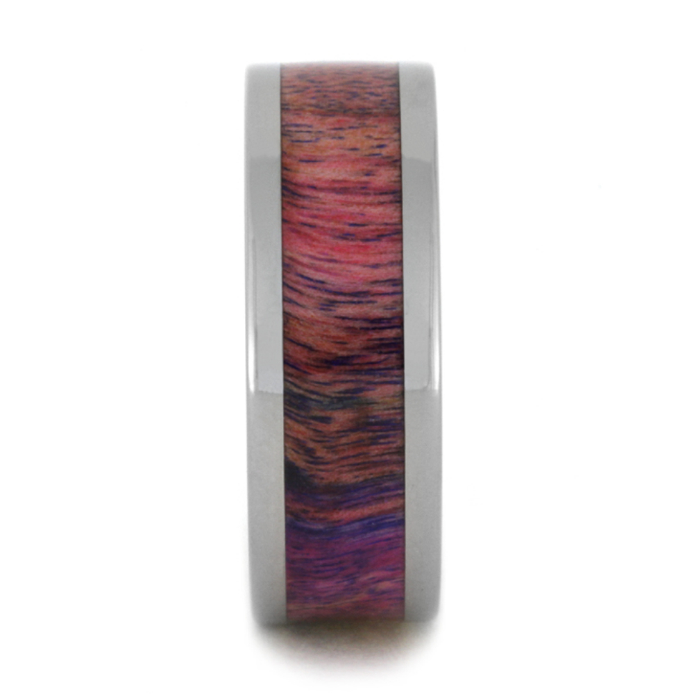 Pink and Purple Poplar Wood Inlay 8mm Comfort-Fit Polished Titanium Band