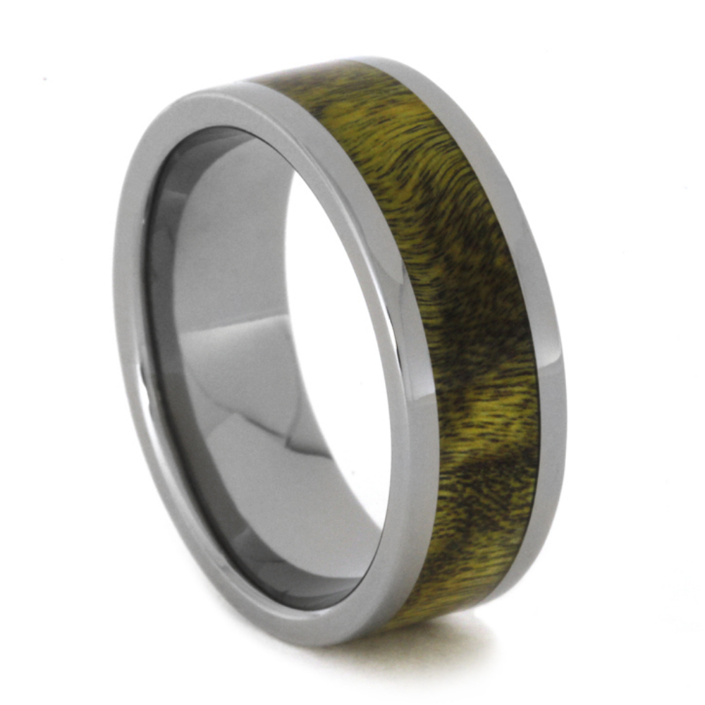 Yellow and Black Poplar Wood Inlay 8mm Comfort-Fit Polished Titanium Band